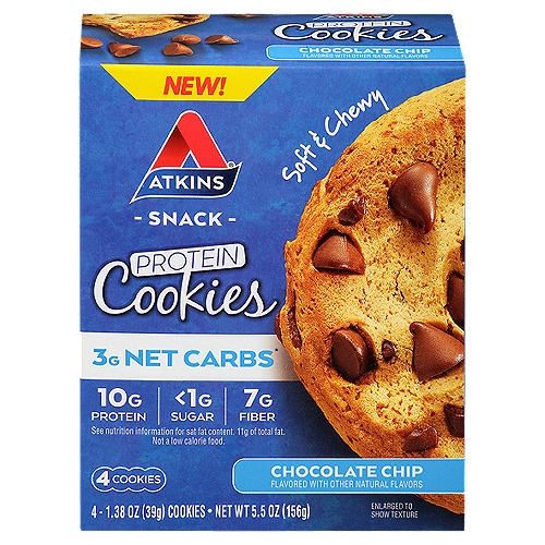 Atkins Chocolate Chip Protein Cookies Snack, 1.38 oz, 4 count
3g Net Carbs*
* Total Carbs (13g) - Fiber (7g) - Sugar Alcohol (3g) = 3g Atkins Net Carbs

If you're thinking 'how good could an Atkins® cookie be?'
Get ready for a little Surprise!
Because... if you like your peanut butter rich & creamy, and your cookie soft & chewy & moist, then you're in for a very delicious surprise!
And the traditional 'cookie guilt' is not included.