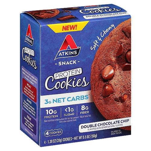 Atkins Double Chocolate Chip Protein Snack Cookies, 1.38 oz, 4 count
3g Net Carbs*
*Total Carbs (14g) - Fiber (8g) - Sugar Alcohol (3g) = 3g Atkins Net Carbs

If you're thinking 'how good could an Atkins® cookie be?'
Get ready for a little Surprise!
Because... if you like your chips rich & chocolaty, and your cookie soft & chewy & moist, then you're in for a very delicious surprise!
And the traditional 'cookie guilt' is not included.