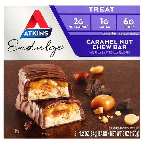 Atkins Endulge Caramel Nut Chew Bar, 1.2 oz, 5 count
2g net carbs*
*Counting Net Carbs?
Fiber and sugar alcohols should be subtracted from the total carbs since they minimally impact blood sugar.
Total carbs (17g) - Fiber (6g) - Sugar alcohols (9g) = Atkins net carbs 2g