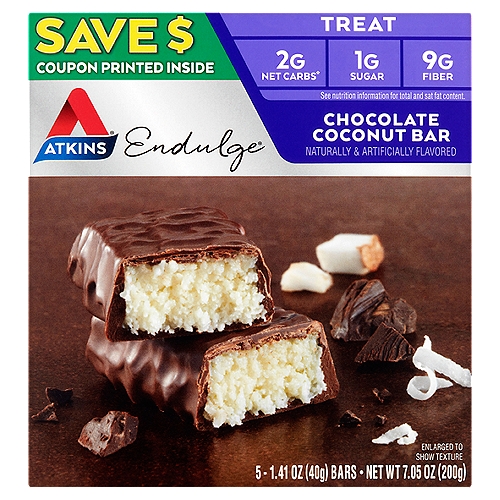 Atkins Endulge Chocolate Coconut Bar, 1.41 oz, 5 count
2g net carbs*
*Counting Net Carbs?
Fiber and sugar alcohols should be subtracted from the total carbs since they minimally impact blood sugar.
Total Carbs (19g) - Fiber (9g) - Sugar Alcohols (8g) = Atkins Net Carbs 2g