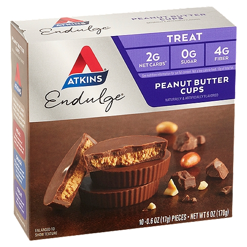 Atkins Endulge Peanut Butter Cups, 0.6 oz, 10 count
2g net carbs*
*Total Carbs (18g) - Fiber (4g) - Sugar alcohol (12g) = 2g Atkins net carbs

What is the ''Hidden Sugar Effect?''
It's common knowledge that consuming foods with large amounts of sugar may cause your blood sugar to spike. But, did you know other types of carbohydrates may have the same effect on blood sugar? We call this the ''Hidden Sugar Effect.''
It's why a medium size bagel has the same impact on blood sugar as eating 8 teaspoons of sugar!*
And that's just one example... many foods loaded with simple or refined carbs can have a similar impact on blood sugar. But at Atkins, we've designed all of a our delicious bars, shakes, and treats to limit simple and refined carbohydrates to help minimize the ''Hidden Sugar Effect.''
*Based on glycemic load.