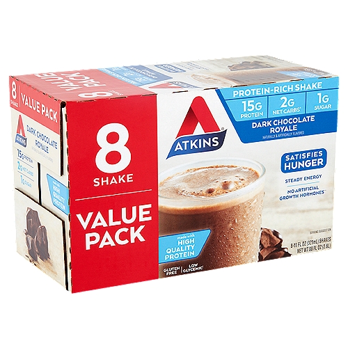 Atkins Dark Chocolate Royale Protein-Rich Shake Value Pack, 11 fl oz, 8 count
2g net carbs*
*Total carbs (6g) - Fiber (4g) = 2g Atkins net carbs

No artificial growth hormones**
**No significant difference has been shown between milk derived from rbST-treated and non rbST-treated cows.

Low glycemic†
†Formulated to have a minimal impact on blood sugar.