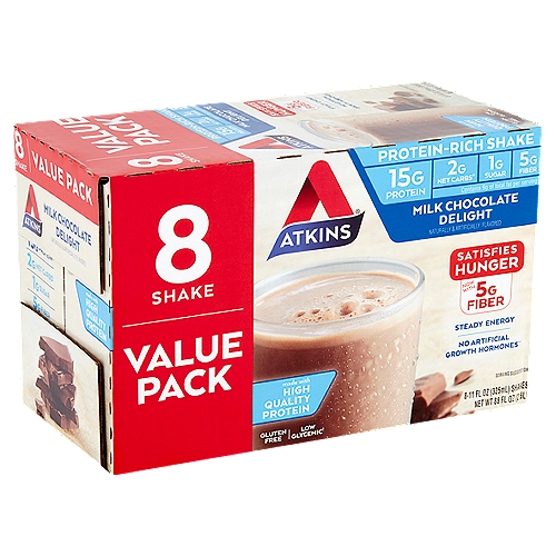 Atkins Milk Chocolate Delight Protein-Rich Shake Value Pack, 11 fl oz, 8 count
2g net carbs*
*Total carbs (7g) - Fiber (5g) = 2g Atkins net carbs

No artificial growth hormones**
**No significant difference has been shown between milk derived from rbST-treated and non rbST-treated cows.

Low glycemic†
†Formulated to have a minimal impact on blood sugar.