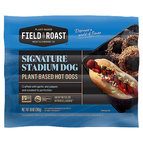 Field Roast Signature Stadium Plant-Based Hot Dog, 10 oz
Bite into plant-based protein perfection with Field Roast™ Signature Stadium™ Plant-Based Hot Dogs. These meat alternative hot dogs are naturally hardwood smoked and boldly seasoned, making each juicy mouthful a flavorful indulgence you can feel good about. Grill up these vegan hot dogs and pile them high with fixings, or sizzle them on the stovetop to slice into your favorite pasta dish—the plant-based meal possibilities are endless. Since 1997, Field Roast™ brand has crafted plant-based meats and cheeses from grains, fresh-cut vegetables, herbs, and spices, honoring their culinary roots to create authentic sensory experiences people crave.