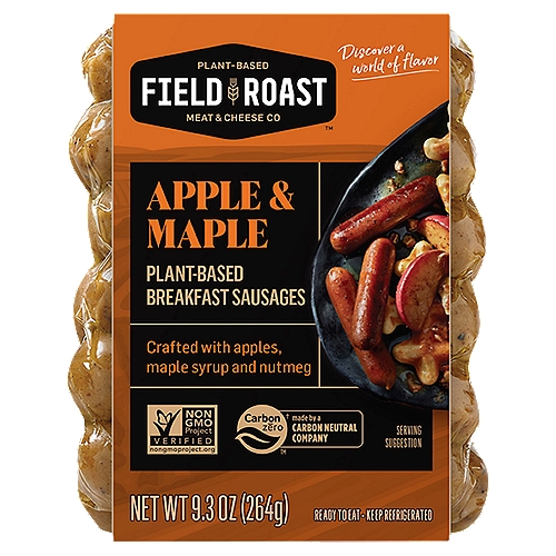FIELD ROAST Apple & Maple Plant-Based Breakfast Sausages, 9.3 oz
Bring a hit of sweet and savory indulgence to your plant-based breakfast with Field Roast Apple & Maple Plant-Based Breakfast Sausage. Perfect as a side for pancakes or chopped up in breakfast burritos and quiches, these fully cooked vegan sausages deliver a satisfying taste and texture as a breakfast protein alternative. Simply brown the meatless sausages in a sauté pan to bring the welcoming flavors of apple, maple syrup, and nutmeg to your favorite morning dishes. Since 1997, the Field Roast brand has crafted plant-based meats and cheeses from grains, fresh-cut vegetables, herbs, and spices, honoring our culinary roots to create authentic sensory experiences people crave.