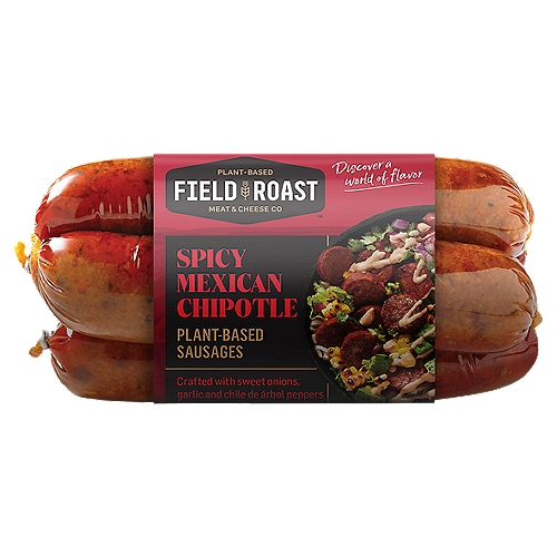 FIELD ROAST Spicy Mexican Chipotle Plant-Based Sausages, 4 count
Bring bold Mexican flavors to a wide variety of plant-based dishes with Field Roast Spicy Mexican Chipotle Plant-Based Sausage. Made with a piquant combination of sweet onions, garlic, and chile de árbol peppers, these fully cooked meatless Mexican sausages are a satisfying protein alternative with 28 grams of protein per serving. Enjoy the versatile meatless sausages on the barbecue, grilled on the stove, or broken up into sauces, stir-fries, and scrambles to add a spicy kick to your plant-based meals. Since 1997, the FIELD ROAST brand has crafted plant-based meats and cheeses from grains, fresh-cut vegetables, herbs, and spices, honoring our culinary roots to create authentic sensory experiences people crave.