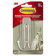Command™ Large Brushed Nickel Double Hook, 1 Hook, 1 Strip