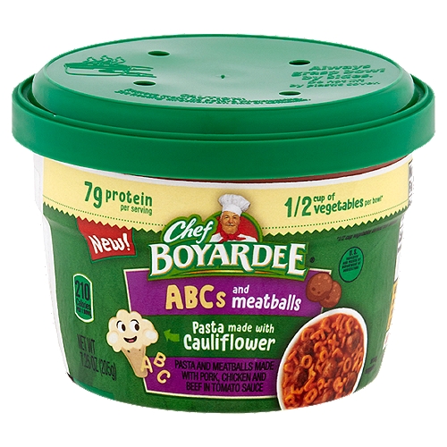 Chef Boyardee ABCs Pasta and Meatballs, 7.25 oz
Pasta and Meatballs Made with Pork, Chicken and Beef in Tomato Sauce

1/2 cup of vegetables per bowl*
*1/2 cup vegetables derived from tomatoes