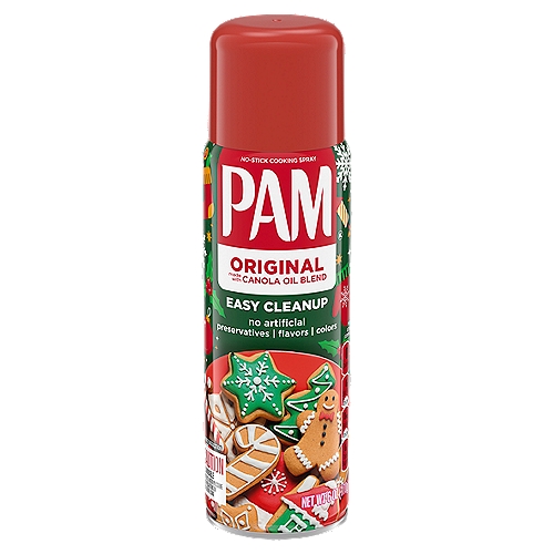 Pam Original No-Stick Cooking Spray, 6 oz
Pam Original is made from a unique oil blend and mixed with other quality ingredients to deliver superior non-stick performance. Zero calories per serving. No sticking. No excuses. Get cooking!

Up to 99% less residue**
**vs. leading brand of canola oil, corn oil, margarine and bargain brand canola oil cooking spray comparing residue after baking (for corn oil, sautéing), cooling and running one regular dishwasher cycle