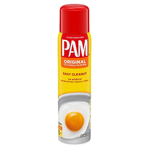 Pam Original No-Stick Cooking Spray, 8 oz
Pam Original is made from a unique oil blend and mixed with other quality ingredients to deliver superior non-stick performance. Zero calories per serving. No sticking. No excuses. Get cooking!

Up to 99% less residue**
**vs. leading brand of canola oil, corn oil, margarine and bargain brand canola oil cooking spray comparing residue after baking (for corn oil, sautéing), cooling and running one regular dishwasher cycle
