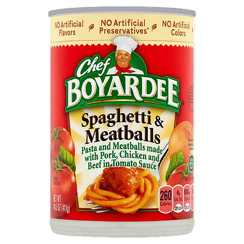 Chef Boyardee Spaghetti & Meatballs, 14.5 oz
Pasta and Meatballs Made with Pork, Chicken and Beef in Tomato Sauce

No artificial preservatives*
*To Preserve Quality