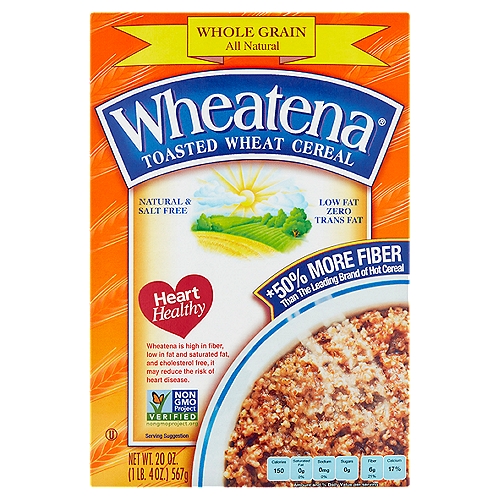Wheatena Whole Grain All Natural Toasted Wheat Cereal, 20 oz
Heart Healthy
Wheatena is high in fiber, low in fat and saturated fat, and cholesterol free, it may reduce the risk of heart disease.

*50% more fiber than the leading brand of hot cereal
*This product contains 6g of fiber per serving, the leading brand contains 4g of fiber per serving.

Wheatena Offers Nutritional Benefits: Natural whole grain, high fiber, low fat, cholesterol free food, sodium free and calcium fortified