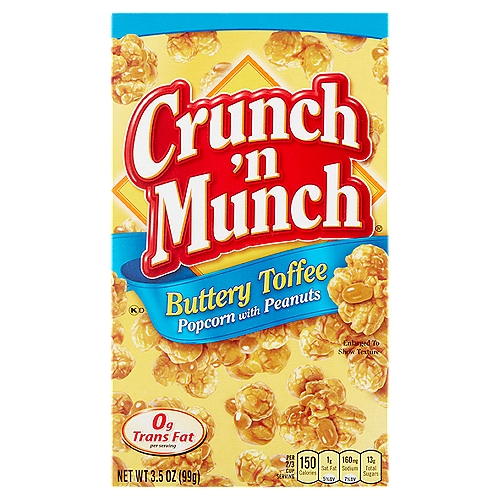 Crunch 'n Munch Buttery Toffee Popcorn with Peanuts, 3.5 oz
Crunch 'n Munch is the perfect combination of two favorites, popcorn and peanuts, in one great tasting sweet and salty snack.
