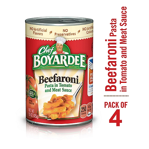 Chef Boyardee Beefaroni is the delicious and convenient meal that families have depended on for generations. Everyone loves the taste of real beef, enriched pasta, and rich tomato sauce in Chef Boyardee Beefaroni. Ready to serve in just 90 seconds, Chef Boyardee Beefaroni is the heat-and-eat meal busy families can count on. Chef Boyardee Beefaroni is so easy to prepare, anyone can do it. Just heat and eat. Chef Boyardee Beefaroni has 8 grams of protein and 250 calories per serving in each 15 oz easy-open can. This pack contains 4 cans. With no artificial flavors, colors, or preservatives, Chef Boyardee makes a wholesome meal for kids of ALL ages.