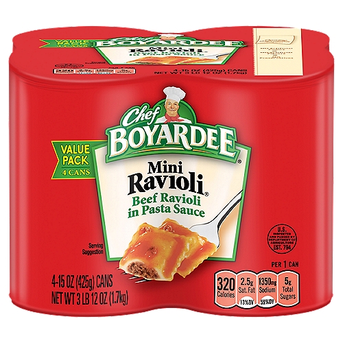 Chef Boyardee Mini Ravioli Beef Ravioli in Pasta Sauce Value Pack, 15 oz, 4 count
Chef Boyardee Mini Ravioli is a delicious and convenient meal that is ready to eat in minutes and has delighted families for generations. Made with enriched pasta, smothered in rich, Italian-flavored tomato sauce, and stuffed with real beef, Chef Boyardee Mini Ravioli has the timeless flavor everyone loves in a fun, bite-sized package. When you need a quick meal, Chef Boyardee has your back. Just pop the easy-open lid, and in 90 seconds, dinner is ready to serve. Chef Boyardee Mini Ravioli is so simple and easy to prepare, anyone can grab it off the shelf for a quick and filling snack. Each 15 oz, easy-open can of Chef Boyardee Mini Ravioli contains 2 servings of pasta and tomato sauce, with 8 grams of protein and 220 calories per serving. This pack contains 4 cans. With no artificial flavors, colors, or preservatives, Chef Boyardee makes a wholesome meal for kids of ALL ages.
