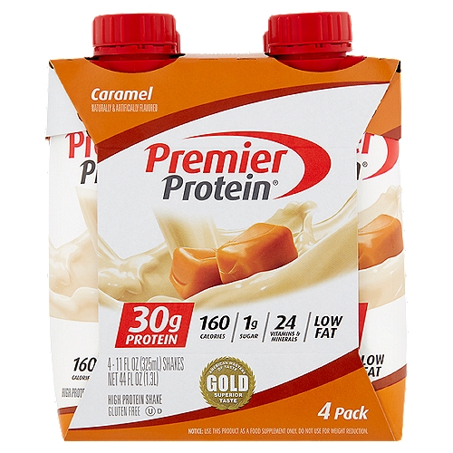 Premier Protein Caramel High Protein Shake, 11 fl oz, 4 count
Maintaining a healthy lifestyle can be hard. We get it. Premier Protein® is here to make things a little easier. Our ready to drink protein shakes give you everything you need to stay on track. 30g of protein, 1g of sugar, in one delicious shake, So, whether you're on the go, have the 3pm slump, or need to recover after a workout, we help you get the protein you need when you need it.

Enjoy a Shake:
• As part of your breakfast
• For a satisfying snack
• As a base in smoothies
• In your coffee