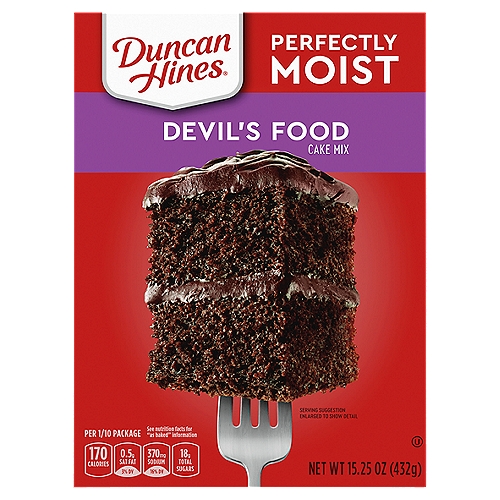 Duncan Hines Perfectly Moist Devil's Food Cake Mix, 15.25 OZ
Celebrating is simple with Duncan Hines Perfectly Moist Devil's Food Cake Mix. Rich chocolate flavor and a moist crumb helps you create the kind of chocolate dessert your family loves. With Duncan Hines, your creativity is the spark for delicious baking, from cake pops to chocolate cupcakes. Just add water, eggs and vegetable oil to this devil's food chocolate cake mix. Beat the batter and pour into your preferred pan size, baking for up to 36 minutes. This boxed cake mix makes one 9 inch layer cake or 24 cupcakes. From rich chocolate cake to single serve desserts, Duncan Hines has you covered when you're ready to bake and create.