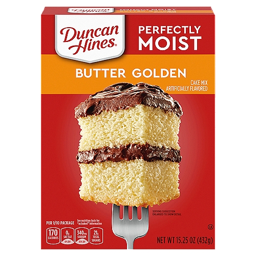 Duncan Hines Perfectly Moist Butter Golden Cake Mix, 15.25 oz
Duncan Hines Perfectly Moist Butter Golden Cake Mix has rich, buttery flavor in every bite that brings the taste your family adores to the table. Topping this golden cake with your favorite Duncan Hines frosting will raise dessert time to the next level. This boxed cake mix can be prepared in many shapes and sizes; use it for birthday cake, cake pops or as a cupcake mix. Baking your next creation is easy. Just add water, eggs and butter, then mix and pour into your pan, following the baking time for your pan's size and shape. Each box makes one 13 by 9 inch cake or 24 cupcakes. From a traditional layer cake to single serve desserts, Duncan Hines has you covered when you're ready to bake and create.