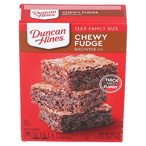 Duncan Hines Chewy Fudge Brownie Mix Family Size, 18.3 oz
Mix up a batch of thick and fudgy treats for your family with Duncan Hines Chewy Fudge Brownie Mix. Oozing with fudge flavor, this boxed brownie mix features a decadent chocolate fudge flavor in an easy chocolate dessert that comes out perfectly moist every time. Whip up a pan of chewy chocolate brownies for a weeknight treat, to satisfy your chocolate craving or as birthday brownies. This chocolate brownie mix only requires eggs, water and vegetable oil. Mix the ingredients, spread it into your preferred pan size and bake the fudge brownies according to the package instructions. Each box makes enough brownie batter for a 13 by 9 inch baking pan, or bake it in an 8 or 9 inch pan for even thicker brownies. From decadent brownie mix, to single serve desserts, Duncan Hines has you covered when you're ready to bake and create.