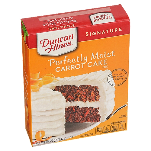 Duncan Hines Signature Perfectly Moist Carrot Cake Mix, 15.25 oz
Mix up smooth, velvety batter in minutes for a simple, delicious dessert with Duncan Hines Signature Perfectly Moist Carrot Cake Mix. Made with real carrots, this boxed cake mix bakes up into a deliciously moist cake that's perfect for everyday dessert and special occasions. Use it to make carrot cake cookies, cake bites or a traditional layer cake. All you need is water, eggs and vegetable oil. Pour the prepared sponge cake batter into the pan and bake according to the package instructions. Each 15.25 ounce box makes 24 cupcakes or a 13 by 9 inch cake. From decadent brownie mix, to single serve desserts, Duncan Hines has you covered when you're ready to bake and create.