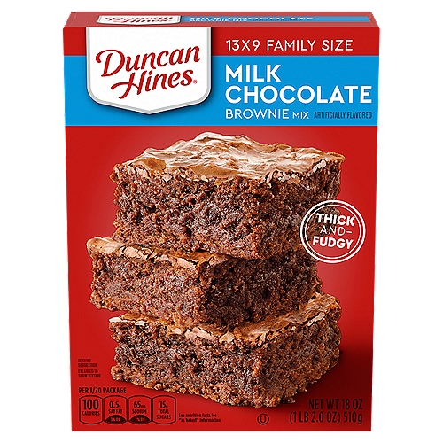 Duncan Hines Milk Chocolate Brownie Mix Family Size, 18 oz
Enjoy the classic flavor of thick and fudgy chocolate brownies with Duncan Hines Classic Milk Chocolate Brownie Mix. Rich milk chocolate flavor satisfies your sweet cravings with a rich, moist chocolate dessert. Bake up a batch of birthday brownies, or enjoy them as an everyday dessert. Combine this mix with eggs, water and vegetable oil for quick prep. Spread the batter into the baking pan in your preferred size and bake according to package instructions up to 34 minutes. This 18 ounce box of brownies makes enough batter for a 13 by 9 inch pan. For thicker brownies, use an 8 or 9 inch square pan. From decadent brownie mix to single serve desserts, Duncan Hines has you covered when you're ready to bake and create.