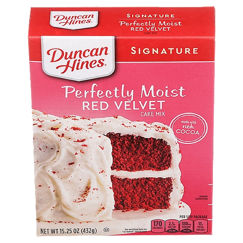 Duncan Hines Signature Perfectly Moist Red Velvet Cake Mix, 15.25 oz
Duncan Hines Red Velvet Cake Mix, which is naturally and artificially flavored, makes baking easy, fun and super tasty! Indulge in the delicious, moist and chocolatey taste of this Duncan Hines Cake Mix and be amazed at the bakery-like flavors. Anyone can achieve decadent red velvet cake with the simple, easy-to-follow instructions on the back of the box. Enjoy a fun holiday baking activity with friends and family, or be the designated taste-tester. It's perfect for a birthday cake, a special-occasion treat or an after-dinner dessert. Also, the topping possibilities are endless! Use your favorite cake icing, festive sprinkles and candy pieces for your very own cake masterpiece! Try this cake mix today!