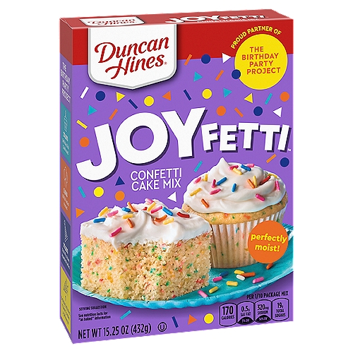Duncan Hines Joy Fetti Confetti Cake Mix, 15.25 oz
Bake up fun and moist, delicious flavor with Duncan Hines Signature Perfectly Moist Rainbow Confetti Cake Mix. This fun confetti layer cake mix includes colorful sprinkles mixed into the velvety, smooth batter to make your birthday treats or everyday desserts pretty and tasty. Use it for cake pops, confetti cupcakes, rainbow cake or birthday cake to brighten up your celebrations. Simply combine with water, eggs and vegetable oil, and bake according to package directions. This 15.25 ounce boxed cake mix makes a 13 by 9 inch cake or 24 cupcakes. From decadent brownie mix, to single serve desserts, Duncan Hines has you covered when you're ready to bake and create.