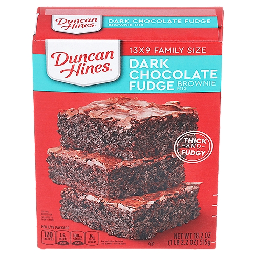 Duncan Hines Dark Chocolate Fudge Brownie Mix Family Size, 18.2 oz
Mix up a batch of thick and fudgy treats for your family with Duncan Hines Dark Chocolate Fudge Brownie Mix. Oozing with fudge flavor, this boxed brownie mix features a decadent dark chocolate flavor in an easy chocolate dessert that comes out perfectly moist every time. Whip up a pan of dark chocolate brownies for a weeknight treat or to satisfy your chocolate craving. This time-saving brownie mix only requires eggs, water and vegetable oil. Mix the ingredients, spread it into your preferred pan size and bake the fudge brownies according to the package instructions. Each 18.2 ounce box makes enough brownie batter for a 13 by 9 inch baking pan, or bake it in an 8 or 9 inch pan for even thicker brownies. From decadent brownie mix, to single serve desserts, Duncan Hines has you covered when you're ready to bake and create.