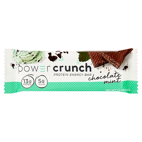 Power Crunch Original Protein Energy Bar Chocolate Mint, 1.4oz
Chocolate Mint blends the delicious taste of chocolate with a refreshing burst of mint.  Our Power Crunch Chocolate Mint bar is an indulgent dessert ready to satisfy your sweet tooth. This delicious cream filled wafer bar is packed with 13g of protein, only 5 grams of sugar and no sugar alcohols.  Power Crunch  is the original wafer cream protein energy bar with an irresistible crunch.  With these bars you don't have to pick between a snack that is delicious and a snack that serves your body well.
•13g of super protein, only 5g of sugar, and NO sugar alcohols
•Light wafer texture, big crunch
•Cooling mint flavor meets decadent chocolate flavor                                                                                                                                       •Protein Worth Craving

High-Dh Hydrolyzed Whey Protein in a Crème Filled Wafer Bar