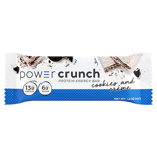 Power Crunch Cookies and Créme Protein Energy Bar, 1.4 oz
Cookies and Cream is a go-to-combo for good reason. Our Power Crunch Cookies and Cream bar has a rich, dark chocolate wafer with creamy vanilla filling laced with cookie bits making for irresistible flavor combination. This delicious cream filled wafer bar is packed with 13g of protein, only 6 grams of sugar and no sugar alcohols. Power Crunch is the original wafer cream protein energy bar with an irresistible crunch. With these bars you don't have to pick between a snack that is delicious and a snack that serves your body well.

•13g of protein, only 6g of sugar, and NO sugar alcohols
•Light wafer texture, big crunch
•Irresistible cookies and cream flavor
•Protein Worth Craving