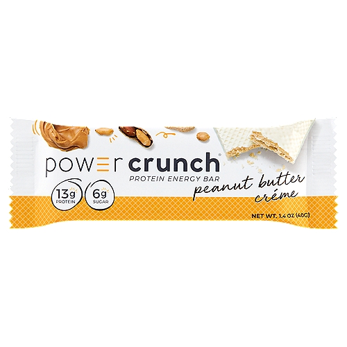 Power Crunch Peanut Butter Créme Protein Energy Bar, 1.4 oz
A peanut butter lover's dream, our Power Crunch Peanut Butter Creme bar delivers the ultimate sweet, nutty flavored center in an ultra-rich and smooth white and creamy frosting. This delicious cream filled wafer bar is packed with 13g of protein, only 6 grams of sugar and no sugar alcohols. Power Crunch is the original wafer cream protein energy bar with an irresistible crunch. With these bars you don't have to pick between a snack that is delicious and a snack that serves your body well.

•13g of super protein, 6g of sugar, and NO sugar alcohols
•Light wafer texture, big crunch
•Smooth peanut butter flavor
•Protein Worth Craving