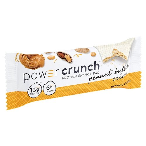 Power Crunch Peanut Butter Créme Protein Energy Bar, 1.4 oz
A peanut butter lover's dream, our Power Crunch Peanut Butter Creme bar delivers the ultimate sweet, nutty flavored center in an ultra-rich and smooth white and creamy frosting. This delicious cream filled wafer bar is packed with 13g of protein, only 6 grams of sugar and no sugar alcohols. Power Crunch is the original wafer cream protein energy bar with an irresistible crunch. With these bars you don't have to pick between a snack that is delicious and a snack that serves your body well.

•13g of super protein, 6g of sugar, and NO sugar alcohols
•Light wafer texture, big crunch
•Smooth peanut butter flavor
•Protein Worth Craving
