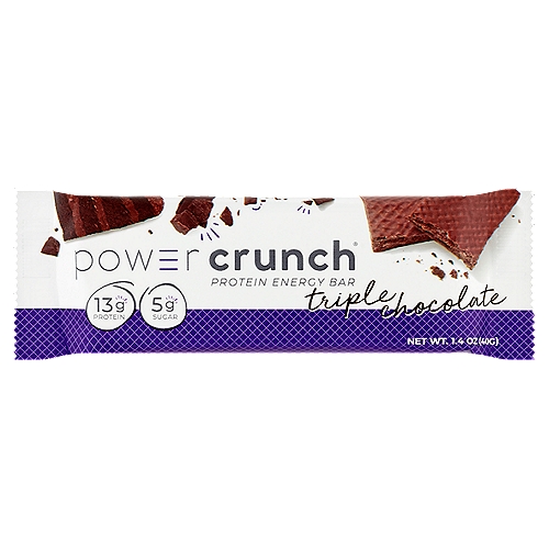Power Crunch Original Protein Energy Bar Triple Chocolate, 1.4oz
Get 3x the chocolate in our Power Crunch Triple Chocolate bar. Our blend of chocolate wafer, chocolate creme, and chocolate fudge is a chocolate lover's dream come true! This delicious cream filled wafer bar is packed with 13g of protein, only 5 grams of sugar and no sugar alcohols.  Power Crunch  is the original wafer cream protein energy bar with an irresistible crunch.  With these bars you don't have to pick between a snack that is delicious and a snack that serves your body well.
•13g of super protein, only 5g of sugar, and NO sugar alcohols
•Light wafer texture, big crunch
•Alluring triple chocolate flavor                                                                                     
•Protein Worth Craving

High-dh Hydrolyzed Whey Protein in a Crème Filled Wafer Bar