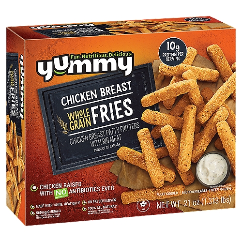 Yummy Chicken Breast Whole Grain Fries, 21 oz
Chicken Breast Patty Fritters with Rib Meat

100% All Natural*
*Minimally Processed
No Artificial Ingredients

Chicken used raised without hormones.
Federal regulations prohibit the use of hormones in poultry.