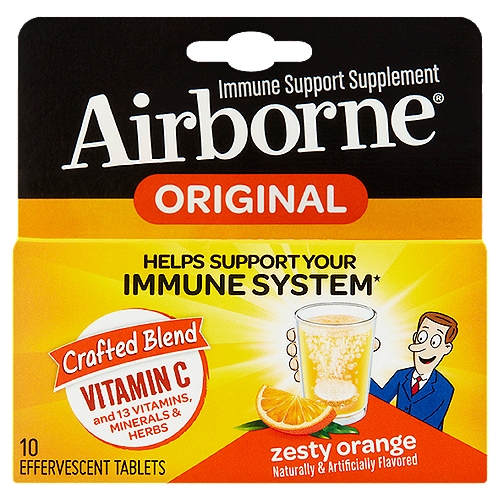 Airborne Original Zesty Orange Immune Support Supplement, 10 count
Helps Support Your Immune System

1 Effervescent Tablet =
• 1,000 mg of vitamin C
• High in antioxidants (vitamins A, C & E)
• Excellent source of zinc & selenium
• 350 mg of herbal blend including echinacea & ginger
• Gluten free