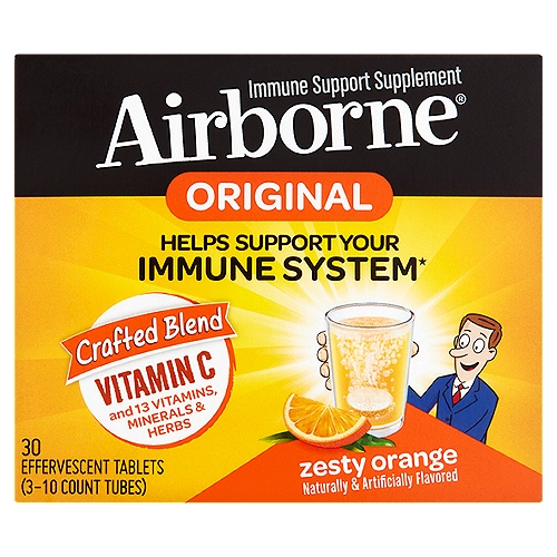 Airborne Original Zesty Orange Immune Support Supplement, 30 count
1 Effervescent Tablet =
• 1,000 mg of vitamin C
• High in antioxidants (vitamins A, C & E)
• Excellent source of zinc & selenium
• 350 mg of herbal blend including echinacea & ginger
• Gluten free