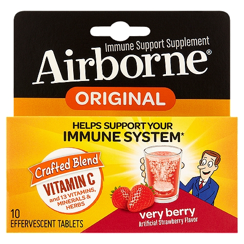 Airborne Original Very Berry Effervescent Tablets, 10 count
Immune Support Supplement

1 Effervescent Tablet =
• 1,000 mg of vitamin C
• High in antioxidants (vitamins A, C & E)
• Excellent source of zinc & selenium
• 350 mg of herbal blend including echinacea & ginger
• Gluten free