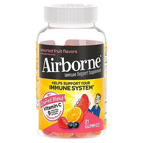 Airborne Assorted Fruit Flavors Immune Support Supplement, 21 count
Helps Support Your Immune System*
*This Statement Has Not Been Evaluated by the Food and Drug Administration. This Product is Not Intended to Diagnose, Treat, Cure or Prevent Any Disease.

A Crafted Blend You Can Trust 3
Gummies =
• 750 mg of vitamin C
• Antioxidants (vitamins C & E)
• Selenium
• Original herbal blend including echinacea & ginger
• Gluten free