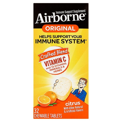 Airborne Original Citrus Chewable Tablets, 32 count
Immune Support Supplement

4 Chewable Tablets =
• 1,000 mg of vitamin C
• High in antioxidants (vitamins A, C & E)
• Excellent source of zinc & selenium
• Original herbal blend with echinacea & ginger
• Gluten free