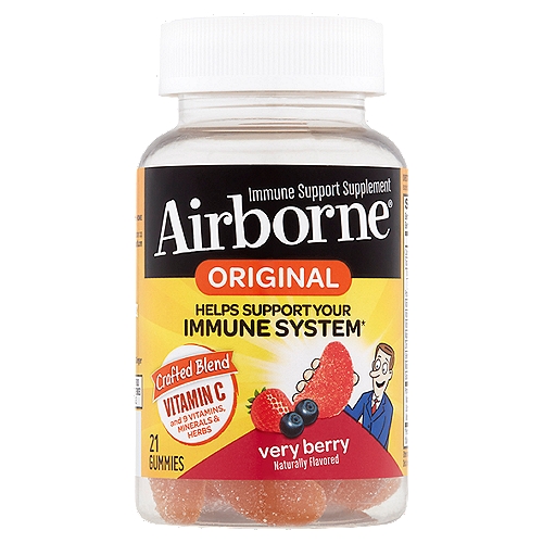 Airborne Original Very Berry Immune Support Supplement, 21 count
Helps Support Your Immune System*
*This Statement Has Not Been Evaluated by the Food and Drug Administration. This Product is Not Intended to Diagnose, Treat, Cure or Prevent Any Disease.

1 Serving Contains
• 750 mg of vitamin C
• Antioxidants (vitamins C & E)
• Selenium
• 35 mg of herbal blend including echinacea & ginger
• Gluten free