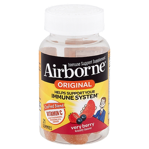 Airborne Original Very Berry Immune Support Supplement, 21 count
Helps Support Your Immune System*
*This Statement Has Not Been Evaluated by the Food and Drug Administration. This Product is Not Intended to Diagnose, Treat, Cure or Prevent Any Disease.

1 Serving Contains
• 750 mg of vitamin C
• Antioxidants (vitamins C & E)
• Selenium
• 35 mg of herbal blend including echinacea & ginger
• Gluten free