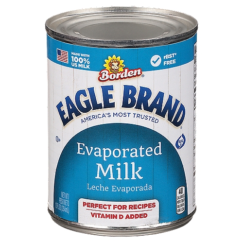 Borden Eagle Brand Evaporated Milk, 12 fl oz
rBST* Free
* No Significant Difference Has Been Shown Between Milk from rBST Treated Cows and Non-rBST Treated Cows.