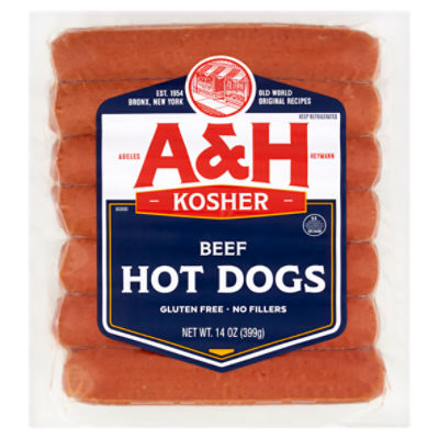 A&H Kosher Beef Hot Dogs, 14 oz