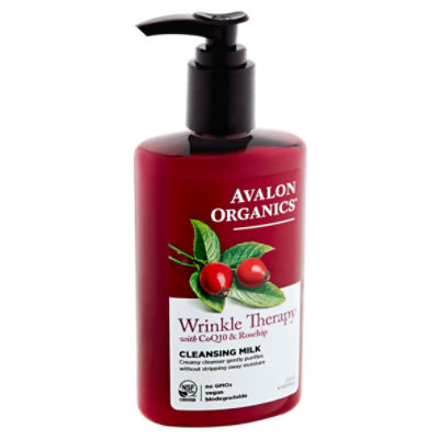 Avalon Organics Wrinkle Therapy with CoQ10 & Rosehip Cleansing Milk, 8.5 fl oznThis Cleansing Milk contains soap-free, botanical cleansers that gently lift away grime without drying or stripping skin. A skin-boosting ensemble of co-enzyme Q10, rosehip oil and hyaluronic acid awakens skin to counteract the visible signs of aging.nnDeep Rooted Beauty Care™