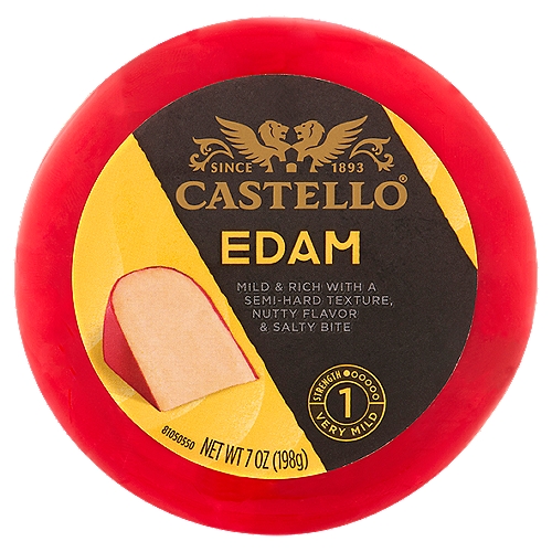 Castello Edam Cheese, 7 oz
Mild & Rich with a Semi-Hard Texture, Nutty Flavor & Salty Bite

FDA has determined that there is no significant difference between milk derived from rBST-treated and non-rBST-treated cows.