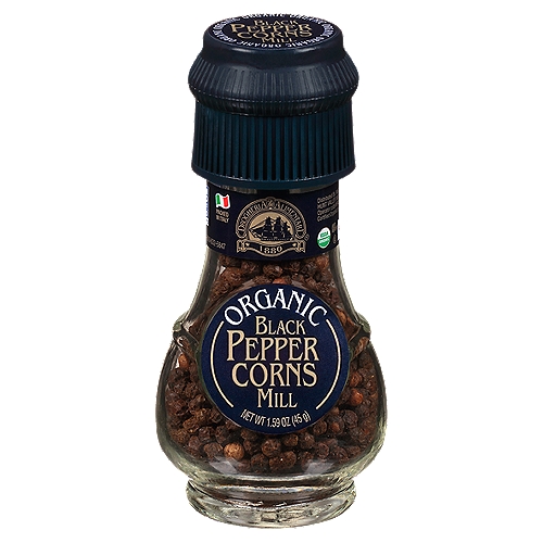 Drogheria & Alimentari Organic Black Pepper Corns Mill, 1.59 oz
Drogheria & Alimentari Organic Black Peppercorns Mill adds distinctly vigorous, fragrant flavors to hearty meals. A staple spice in kitchens around the world, just a pinch of freshly-ground pepper will transform the taste of just about any dish or recipe. Brought to you by Italy's leading herb and spice brand, organic black peppercorns deliver rich, flavorful spice to every bite. Use in cooking or grind directly to garnish classic Italian pasta dishes, bread dips, meats and vegetables.