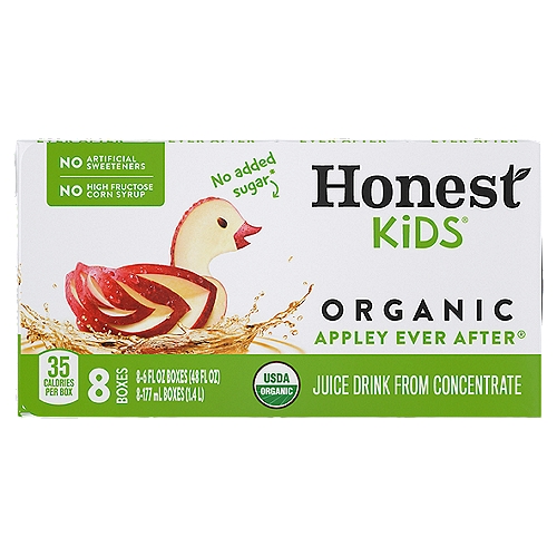 Honest Kids Appley Ever After Cartons, 6 fl oz, 8 Pack
Once upon a time, there was a delicious organic apple juice from Honest Kids called Appley Ever After. This refreshing beverage will leave your kids happy and satisfied, just like a classic storybook ending. Plus, it's an excellent source of Vitamin C and it has no added sugar.

Honest seeks to create and promote sustainable, great-tasting beverages with honesty and integrity, which means telling you exactly what's in every beverage from the get-go.  
  
Choose Honest, and you choose a brand that promotes wellness and a commitment to making sure better options are in your hands. Honest® strives to deliver on this mission, just like it delivers on its high-quality lemonades, teas and juices. 

Refreshingly yours, 
The Honest Tea-m