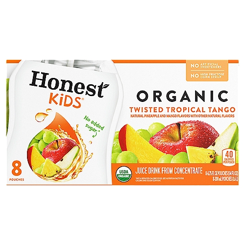 Honest Kids Twisted Tropical Tango Pouches, 6.75 fl oz, 8 Pack
Honest Kids Twisted Tropical Tango is a fruit juice luau in a convenient little package. Apple, grape and orange juice come together with a touch of mango puree and other organic ingredients for a flavor that your kids will be sure to love. And parents will love that it's an excellent source of Vitamin C.

Honest seeks to create and promote sustainable, great-tasting beverages with honesty and integrity, which means telling you exactly what's in every beverage from the get-go.

Choose Honest, and you choose a brand that promotes wellness and a commitment to making sure better options are in your hands. Honest strives to deliver on this mission, just like it delivers on its high-quality lemonades, teas and juices.

Refreshingly yours, 
The Honest Tea-m