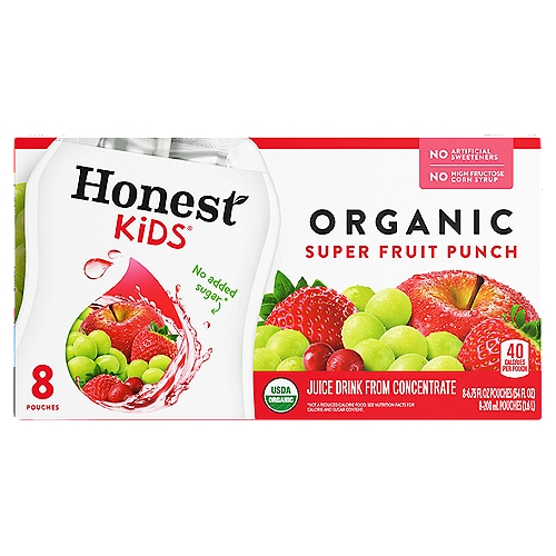 Honest Kids Super Fruit Punch Pouches, 6.75 fl oz, 8 Pack
It's a bird! It's a plane! It's... Super Fruit Punch for Honest kids. The flavors of grape, strawberry, apple and cranberry juice unite to truly pack a punch. These fantastic flavors combine their powers of refreshment to keep your little ones soaring through their day.

Honest seeks to create and promote sustainable, great-tasting beverages with honesty and integrity, which means telling you exactly what's in every beverage from the get-go.

Choose Honest, and you choose a brand that promotes wellness and a commitment to making sure better options are in your hands. Honest strives to deliver on this mission, just like it delivers on its high-quality lemonades, teas and juices.

Refreshingly yours, 
The Honest Tea-m
