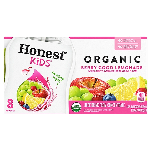 Honest Kids Berry Good Lemonade Pouches, 6.75 fl oz, 8 Pack
We usually don't toot our own horn, but this lemonade is berry, berry good. From the apples to the grapes and the lemon to the cranberry juice, this is the berry best thing to quench your thirst and treat your taste buds.

Honest seeks to create and promote sustainable, great-tasting beverages with honesty and integrity, which means telling you exactly what's in every beverage from the get-go.  
  
Choose Honest, and you choose a brand that promotes wellness and a commitment to making sure better options are in your hands. Honest strives to deliver on this mission, just like it delivers on its high-quality lemonades, teas and juices. 

Refreshingly yours, 
The Honest Tea-m

No added sugar*
*Not a Reduced Calorie Food. See Nutrition Facts for Calorie and Sugar Content.